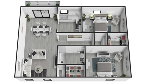 Floor plan for 2 beds, 1 bath, 950 sqft